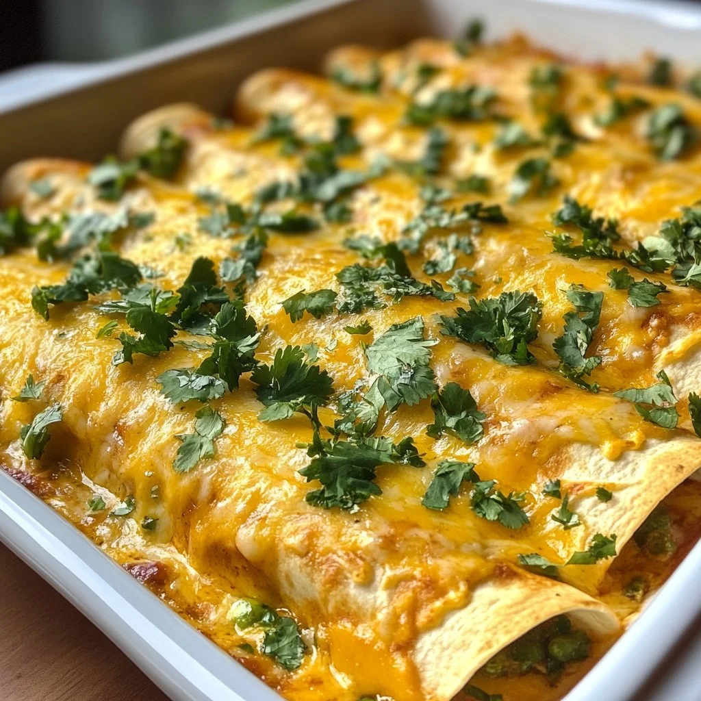 Delicious green chicken enchiladas topped with cheese and garnished with cilantro