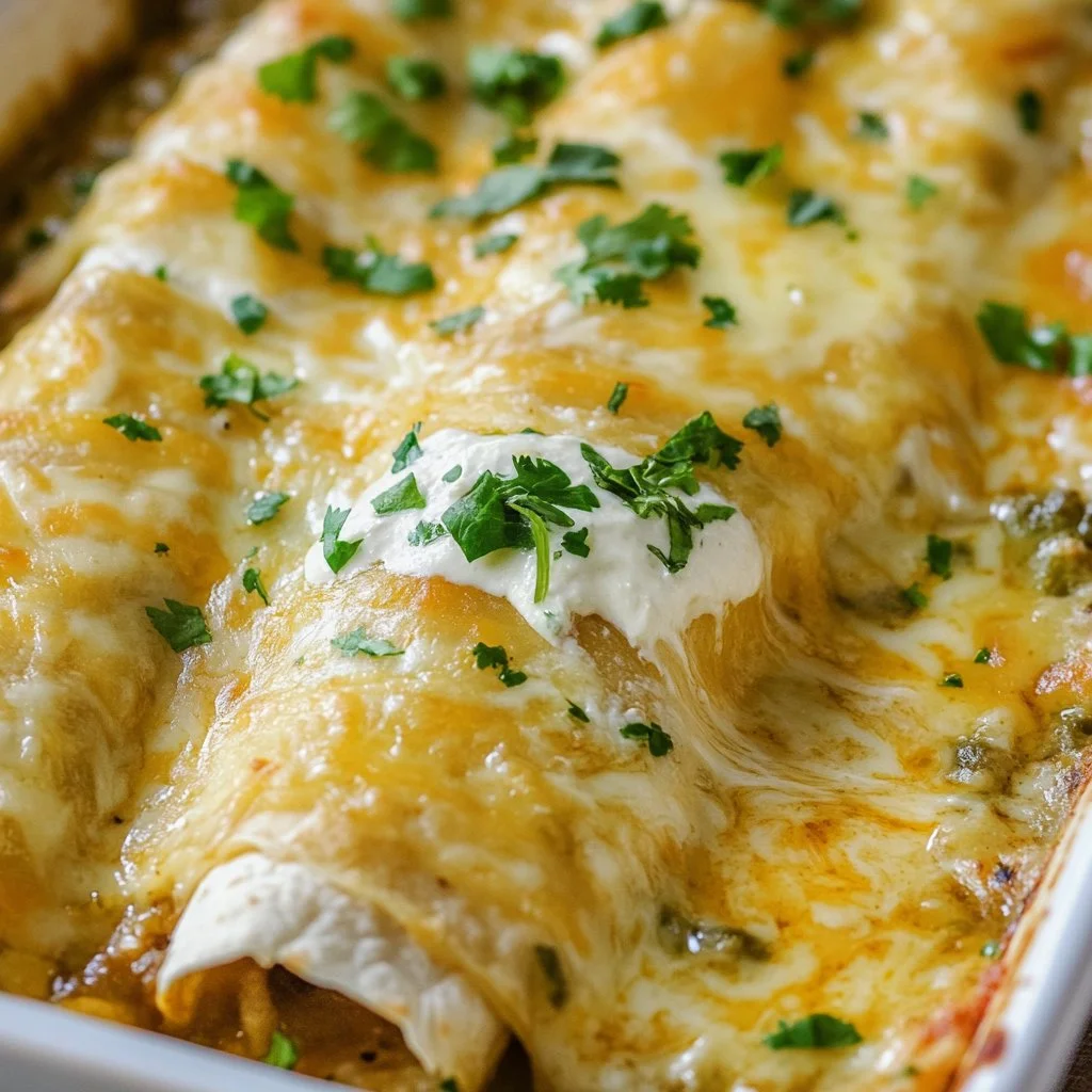 Delicious green chile chicken enchiladas topped with cheese and sauce