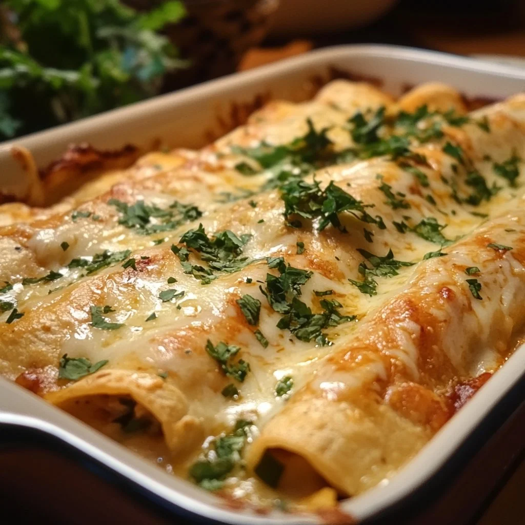 Green Chile Chicken Enchiladas topped with cheese and green sauce