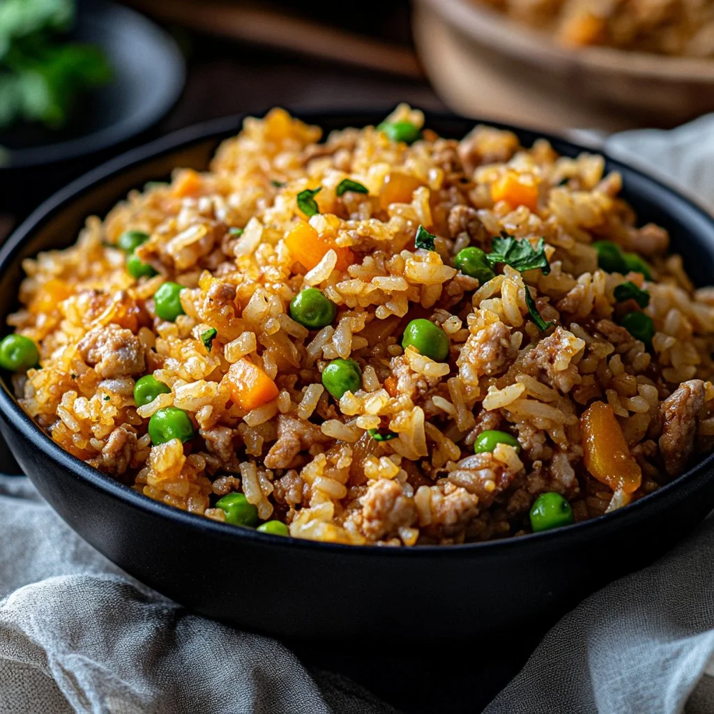 Delicious ground chicken fried rice with vegetables in a bowl