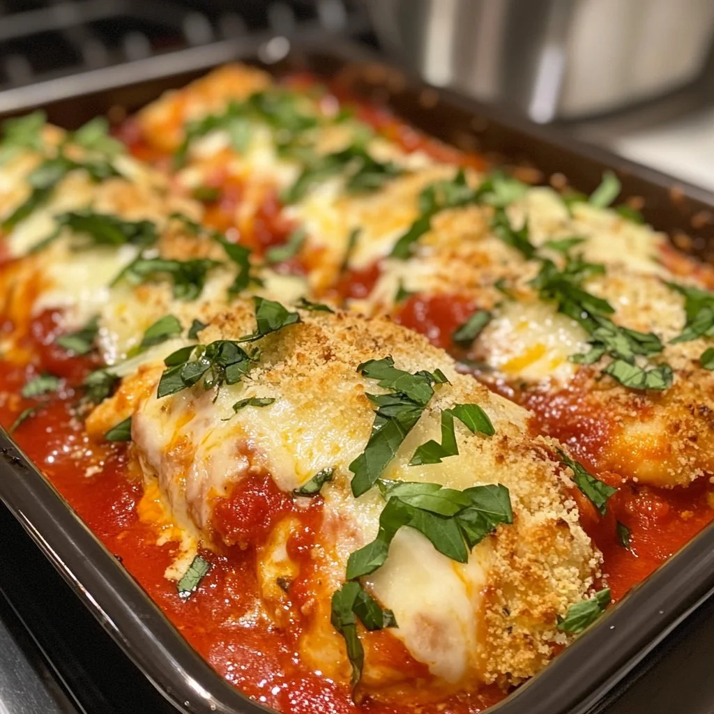 Ground Chicken Parmesan dish garnished with herbs and melted cheese.