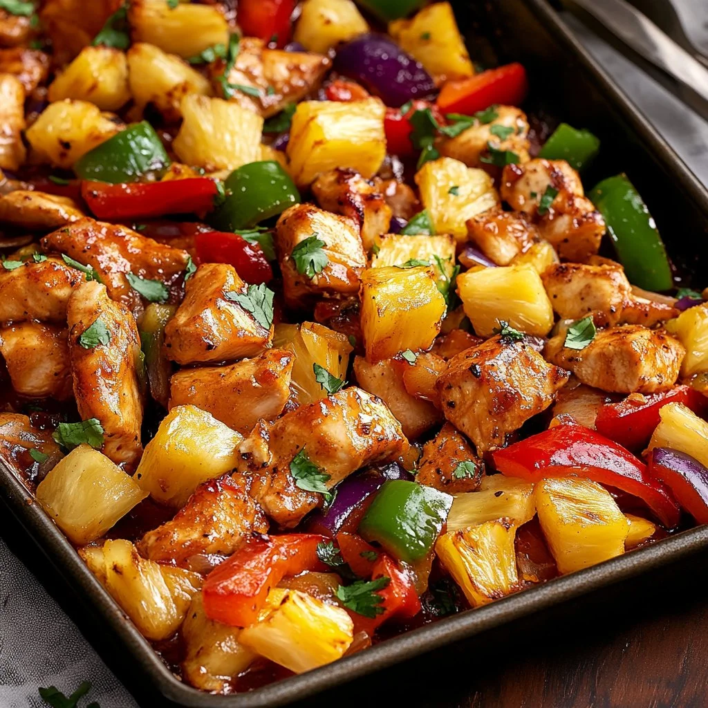 Hawaiian chicken sheet pan recipe with colorful vegetables and pineapple