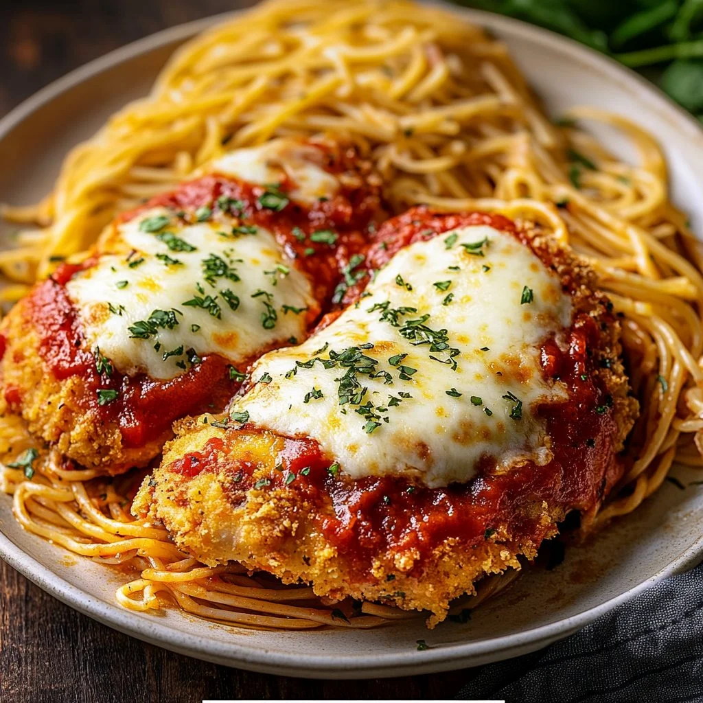 Healthy chicken parmesan dish with fresh herbs and tomato sauce