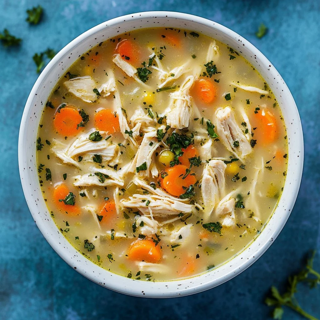 Healthy Chicken Pot Pie Soup served in a bowl with fresh herbs on top.