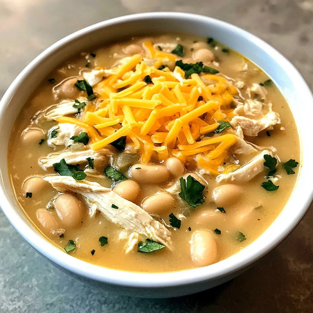 Bowl of healthy white chicken chili topped with cilantro and lime.