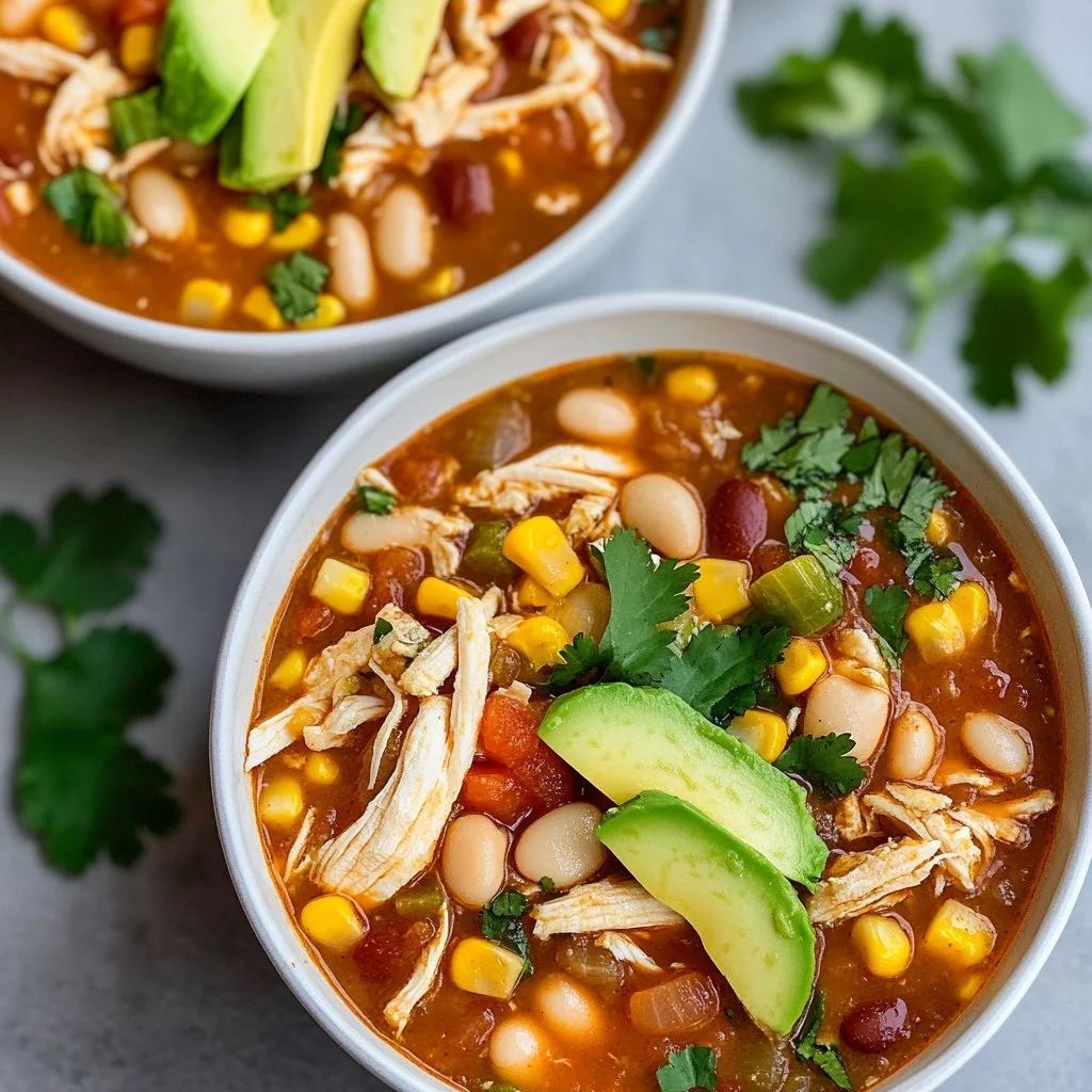 Bowl of healthy white chicken chili garnished with cilantro and lime.