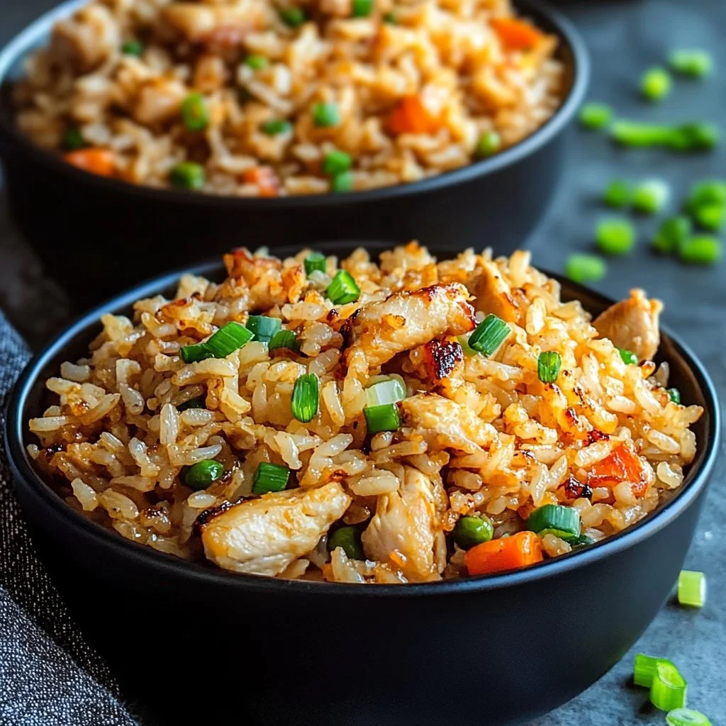 High protein crispy garlic chicken fried rice with vibrant vegetables.