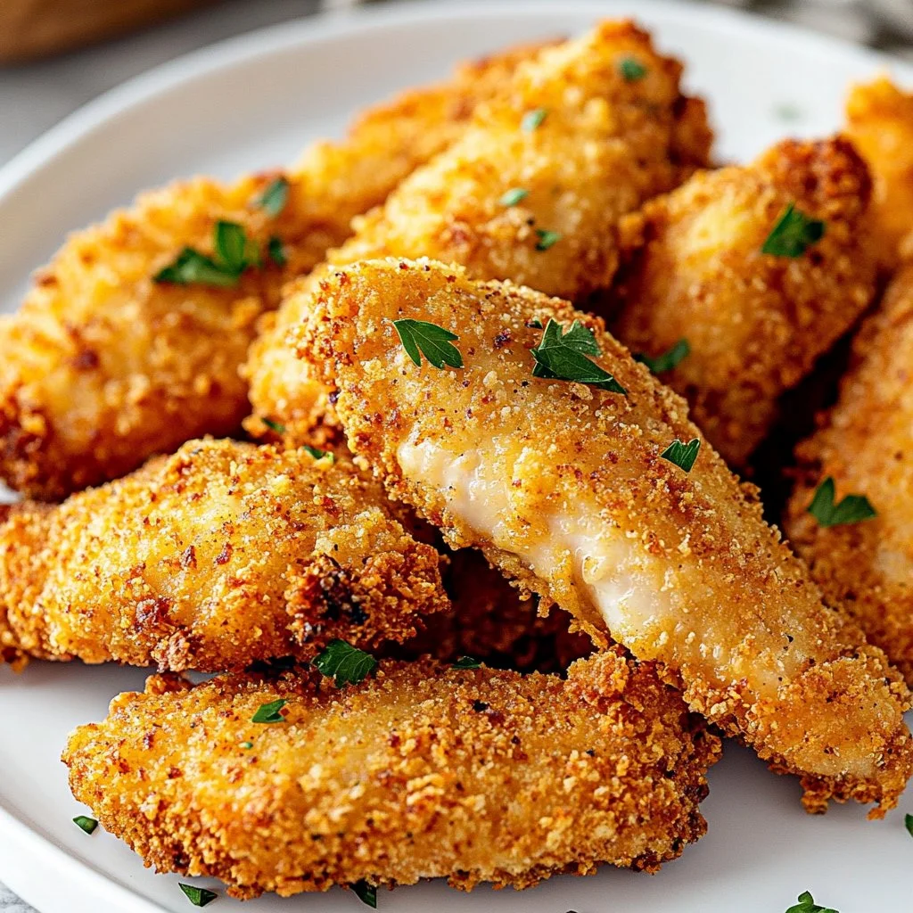 Crispy homemade baked chicken tenders on a plate with dipping sauce