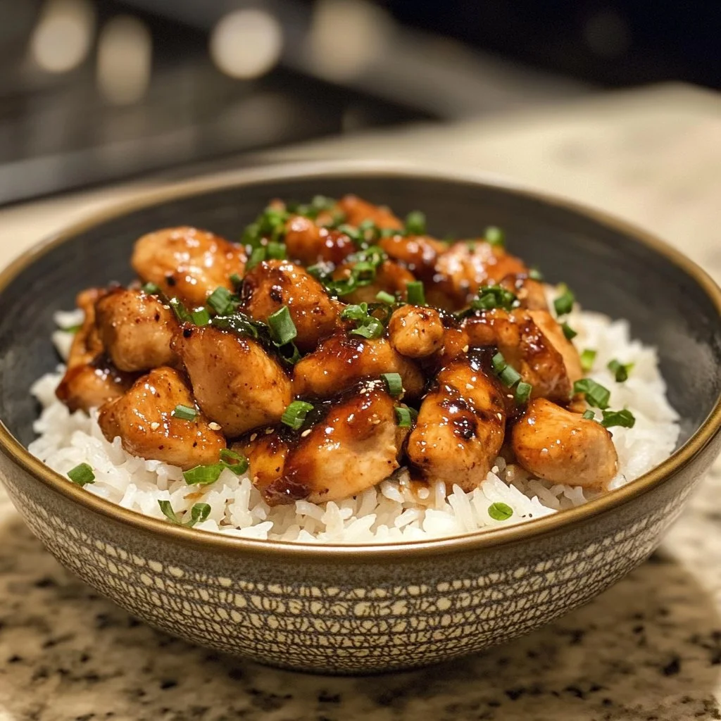 Honey BBQ Chicken Rice served with vegetables on a plate
