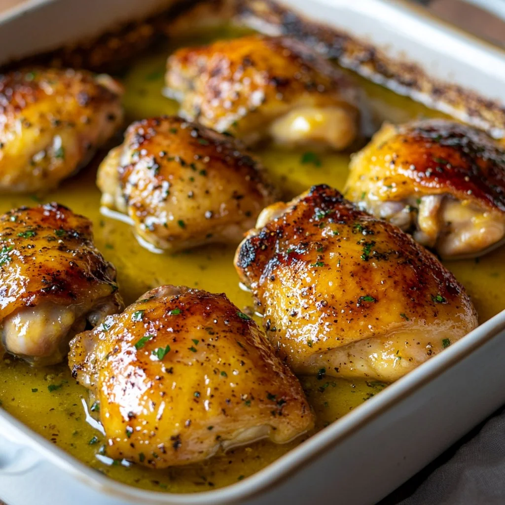 Honey mustard chicken thighs served on a plate with herbs and vegetables