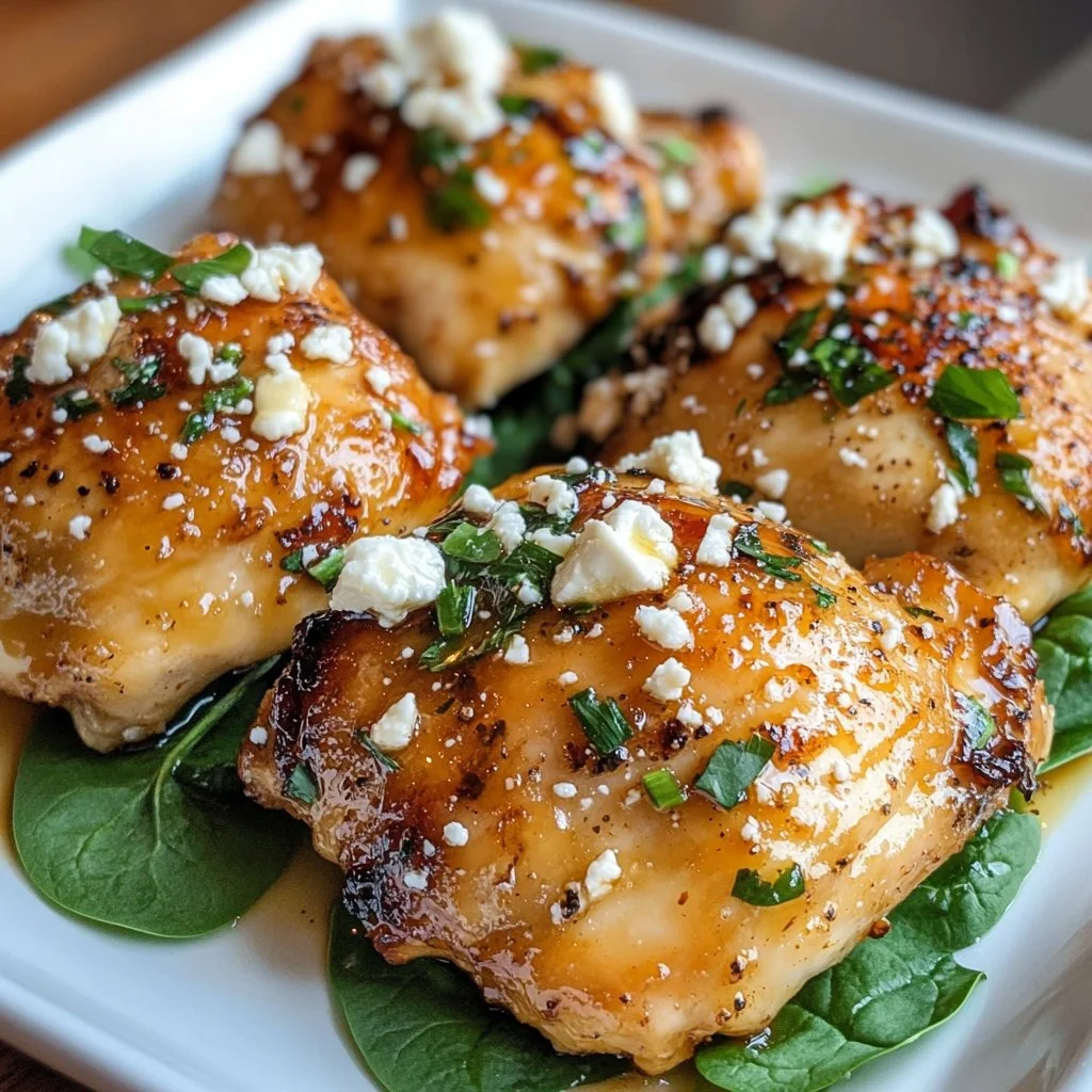 Delicious Hot Honey Infused Feta Chicken garnished with herbs on a plate