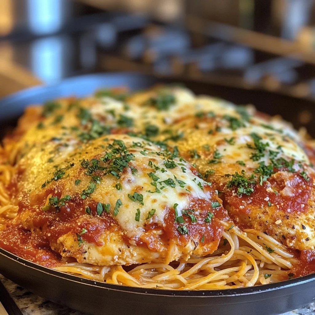 Delicious Chicken Parmesan with crispy chicken, marinara sauce, and melted cheese