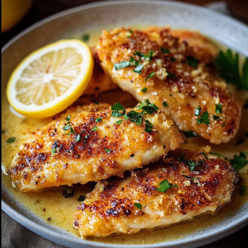 Crispy lemon pecorino chicken garnished with fresh herbs and lemon slices