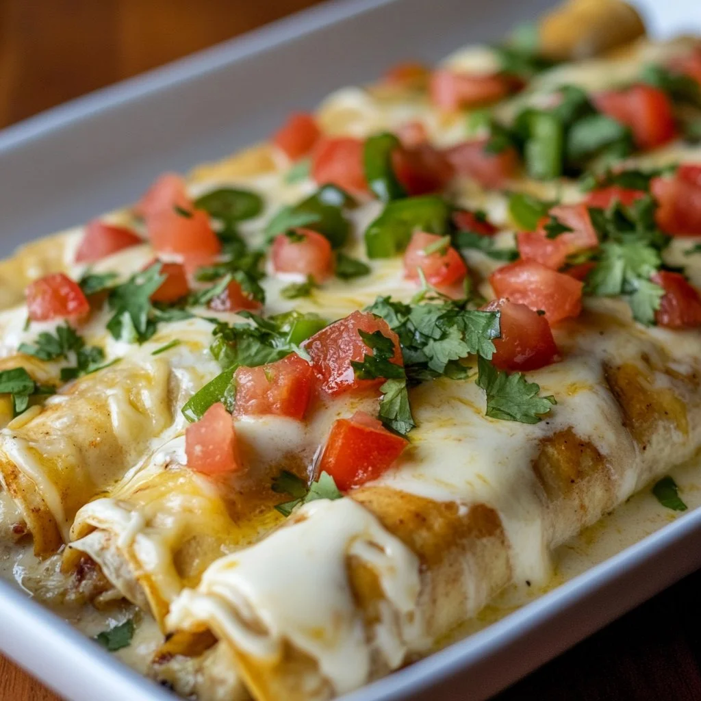 Jalapeño Popper Cheesy Chicken Enchiladas topped with cheese and jalapeños