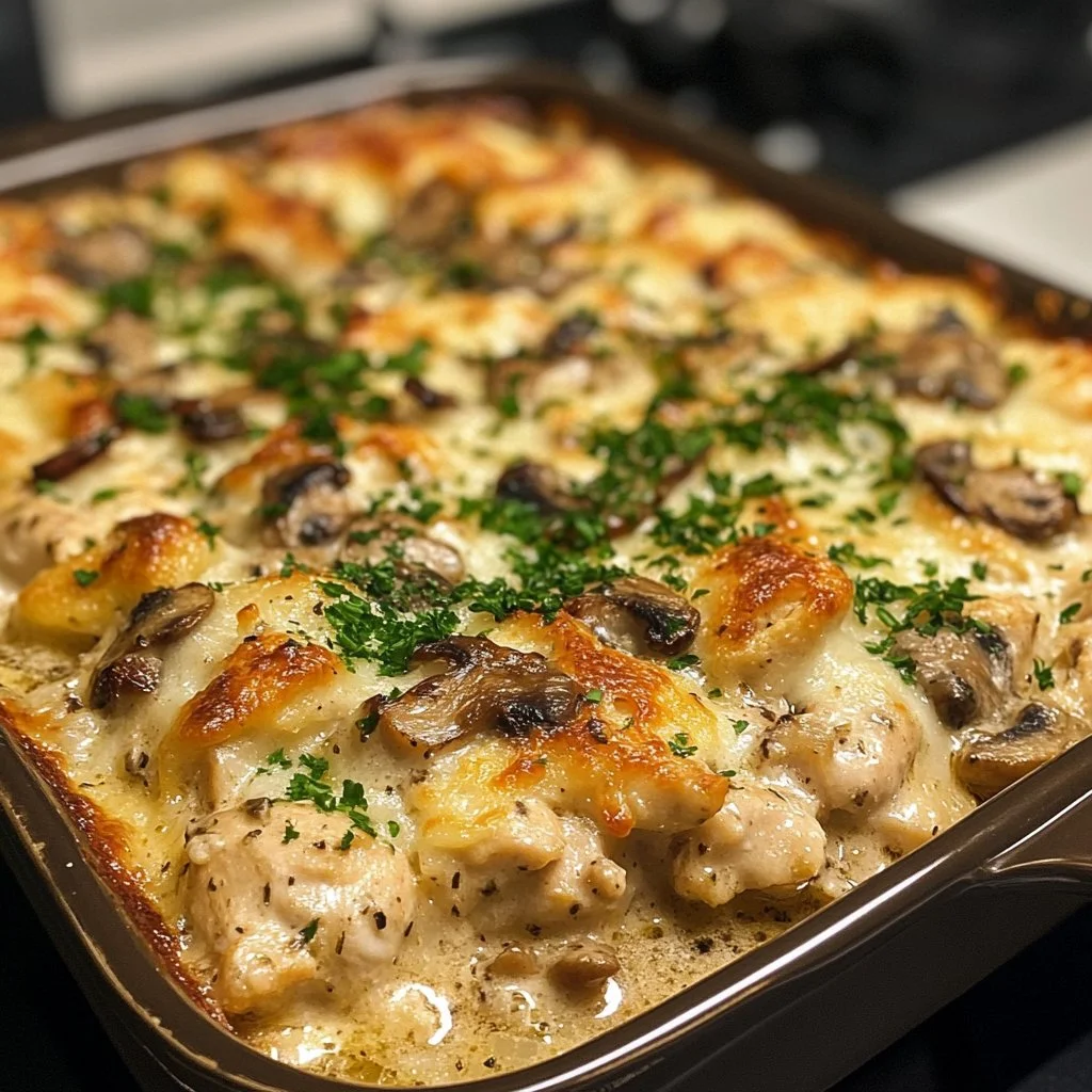 Keto Garlic Mushroom Chicken Casserole with cheese and fresh herbs