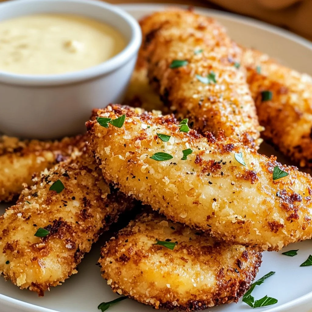 Lemon garlic parmesan chicken tenders on a plate with herbs