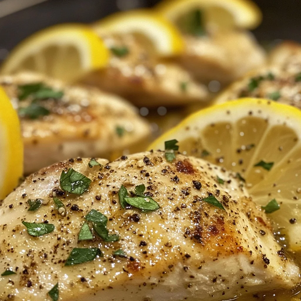 Juicy Lemon Pepper Chicken Breast garnished with lemon slices and herbs