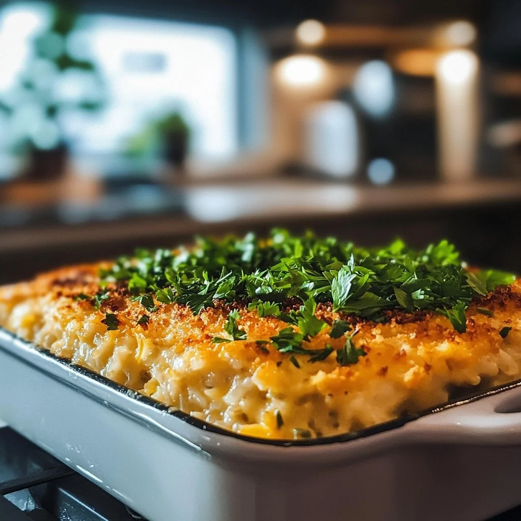 Delicious Mamaw's chicken and rice casserole served in a baking dish.