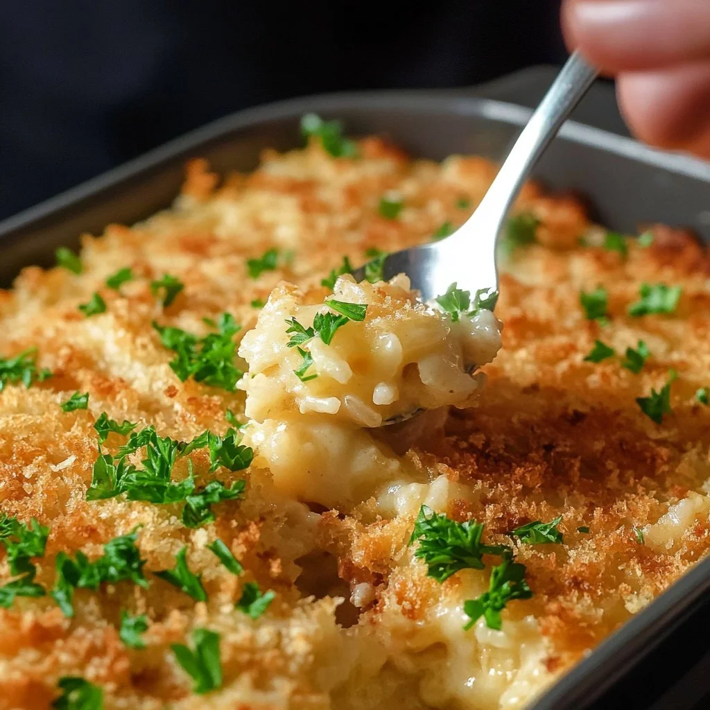 Mamaw's Chicken and Rice Casserole in a baking dish, topped with crispy edges.