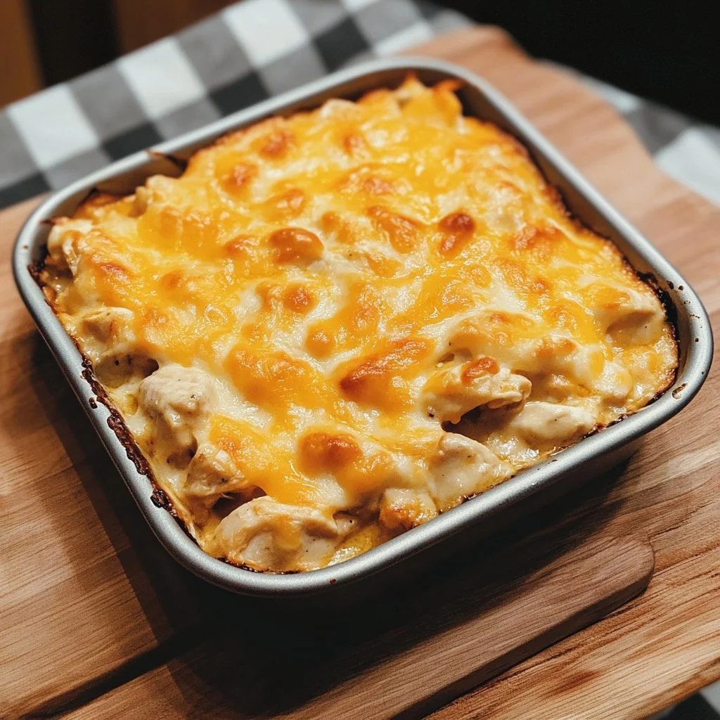 Delicious Million Dollar Chicken Casserole topped with cheese and breadcrumbs