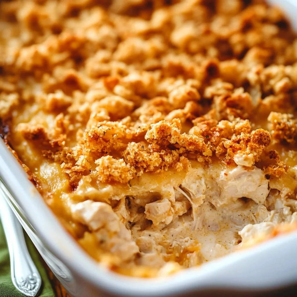 Delicious Million Dollar Chicken Casserole topped with crispy breadcrumbs