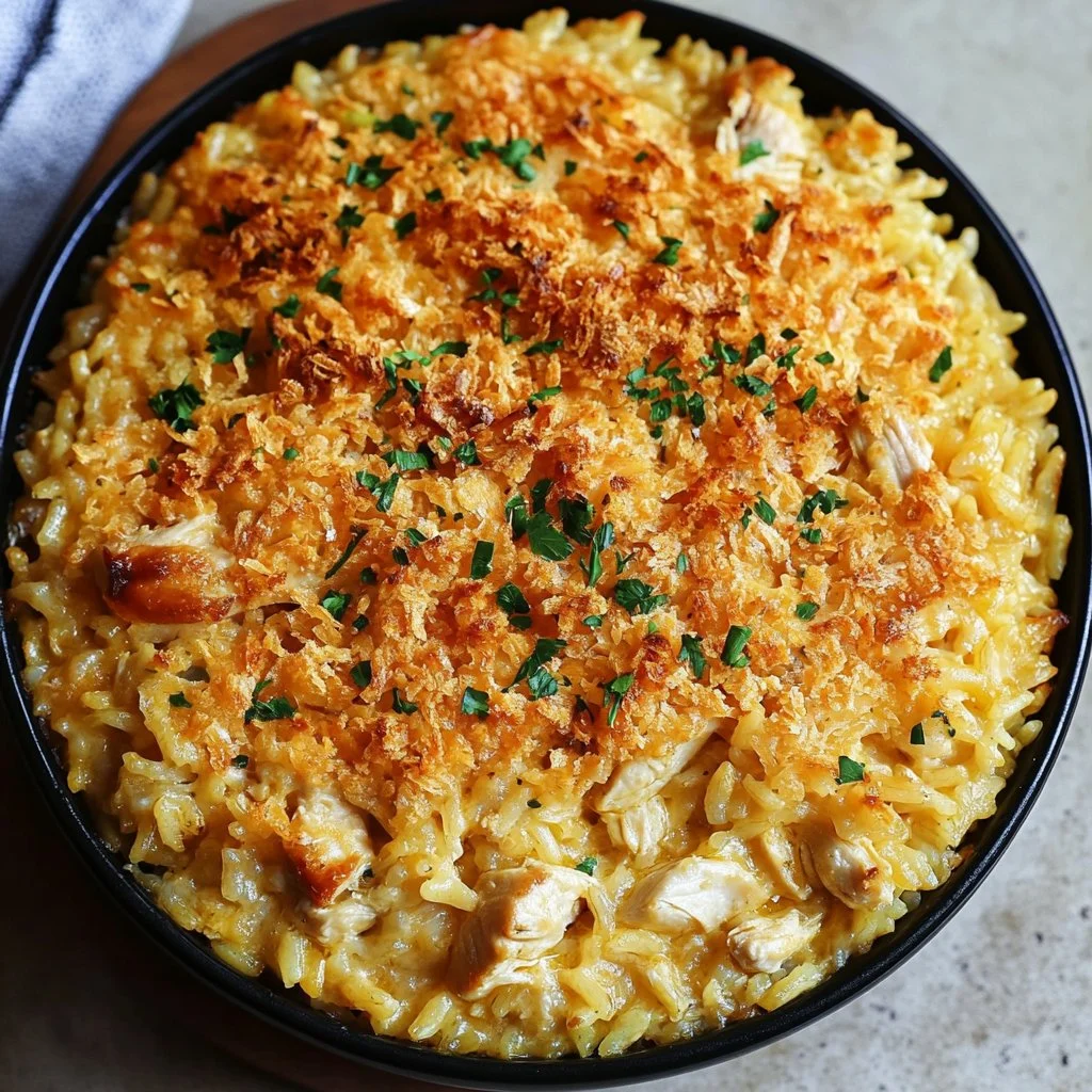 Million Dollar Chicken Rice-A-Roni Casserole served in a baking dish.
