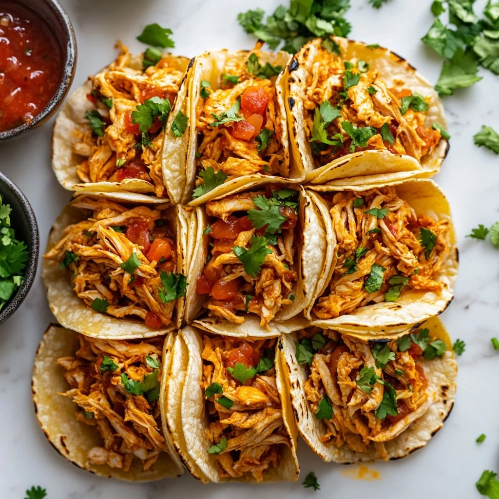 Mini baked chicken tacos served on a plate with fresh toppings