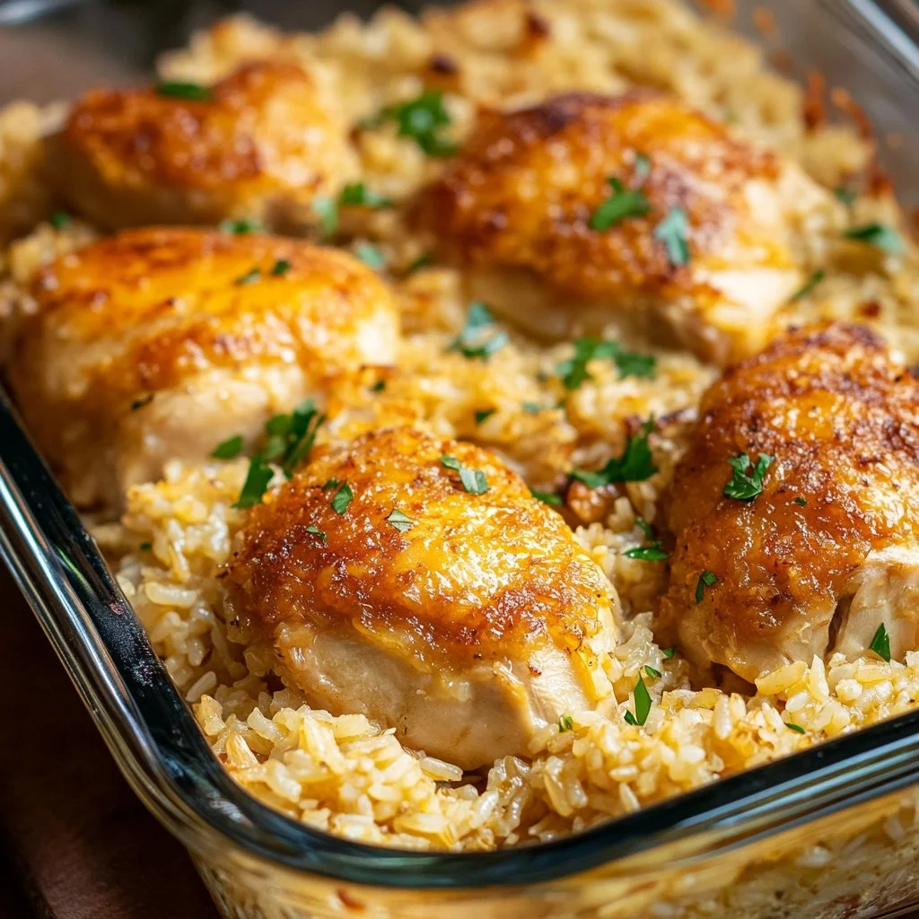 Plate of No-Peek Chicken and Rice served with fresh herbs and vegetables