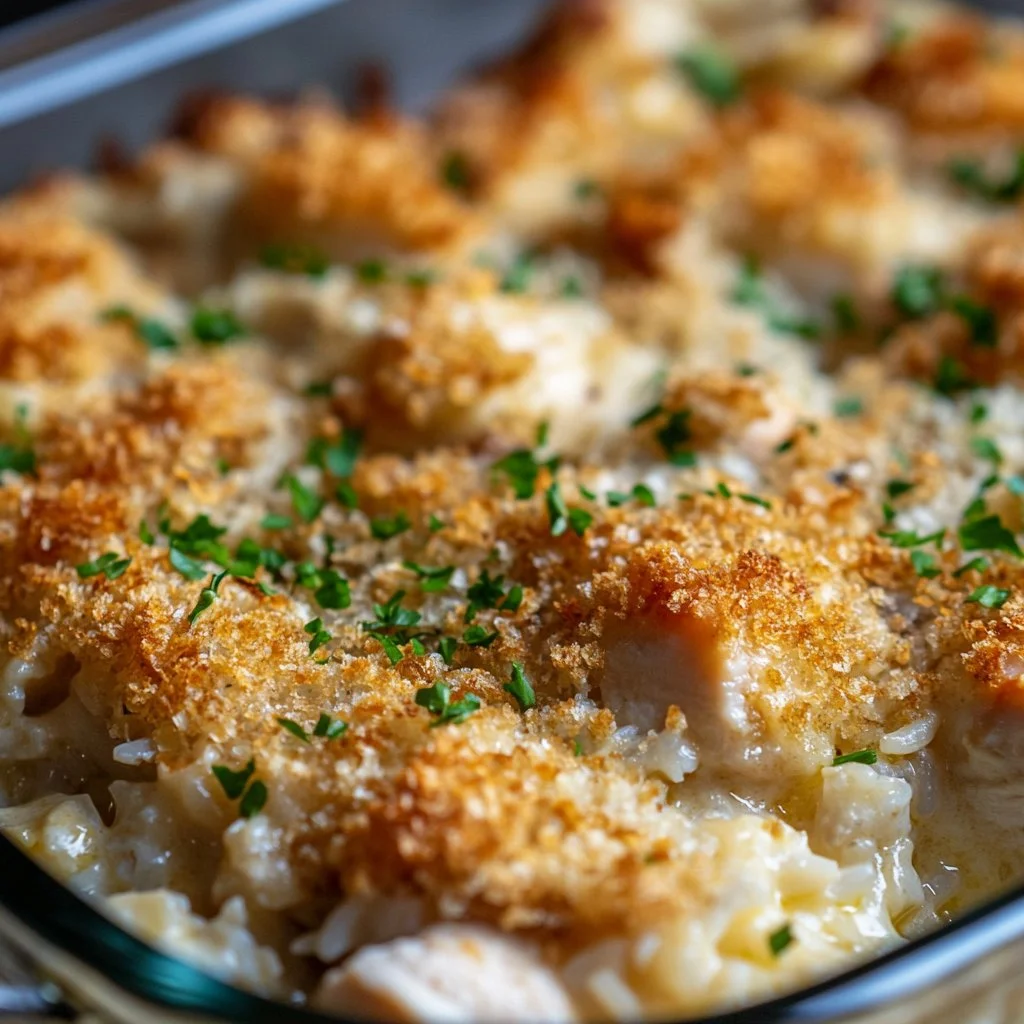Delicious NO-PEEK Chicken and Rice Casserole served in a baking dish