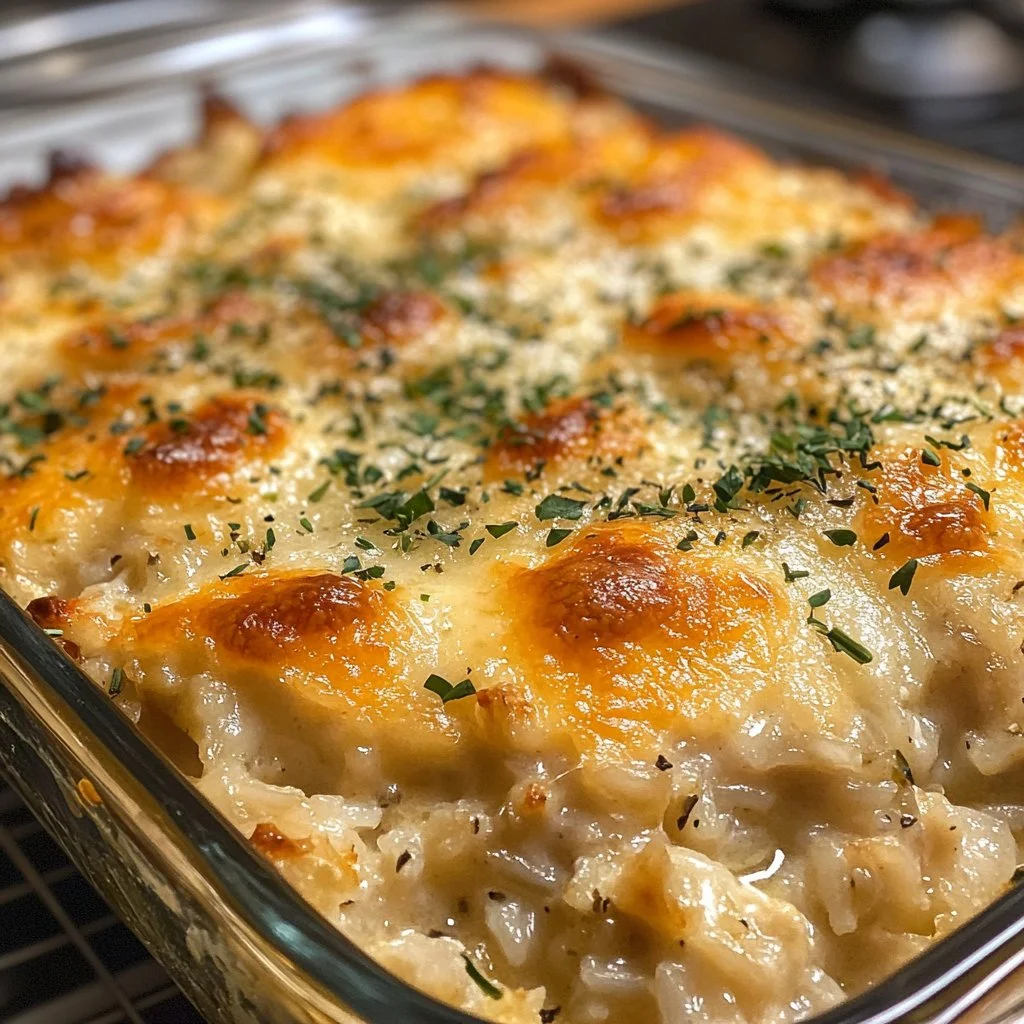 Delicious old school chicken and rice casserole topped with herbs and golden crust