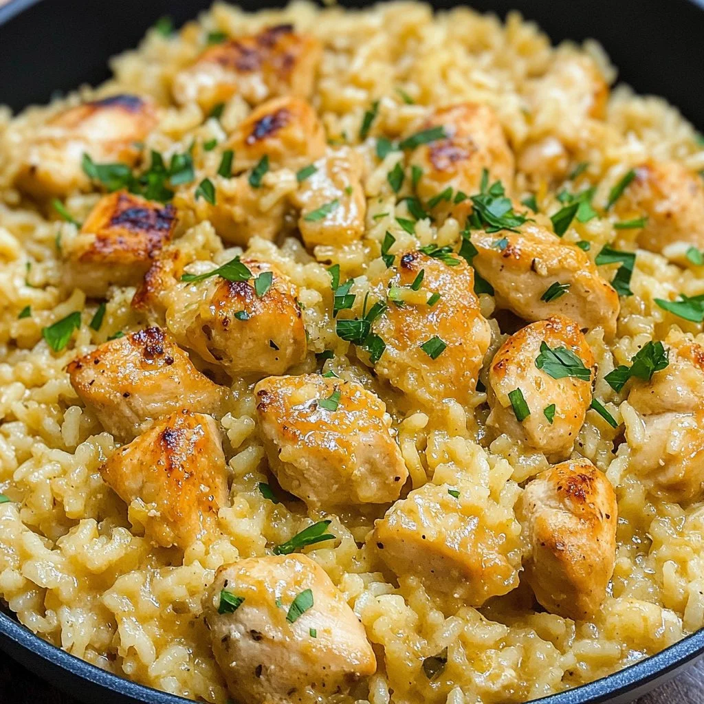 One-Pan Creamy Parmesan Chicken & Rice dish served on a plate
