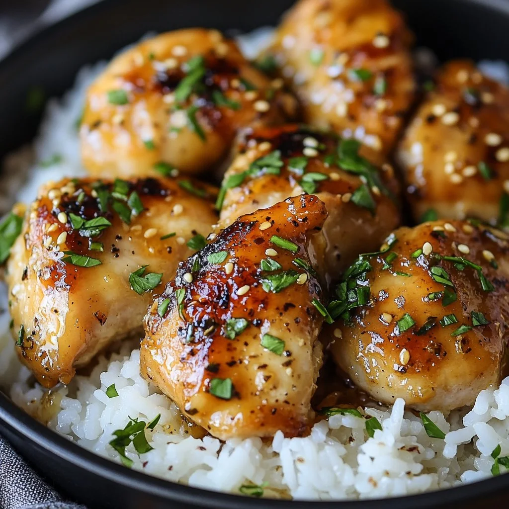 One-Pan Honey Butter Garlic Chicken served with rice and garnished with herbs