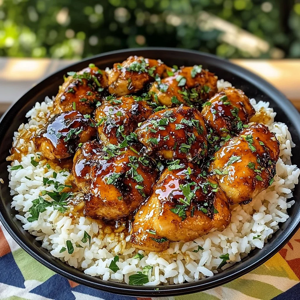 One-pan honey butter garlic chicken with rice served in a skillet