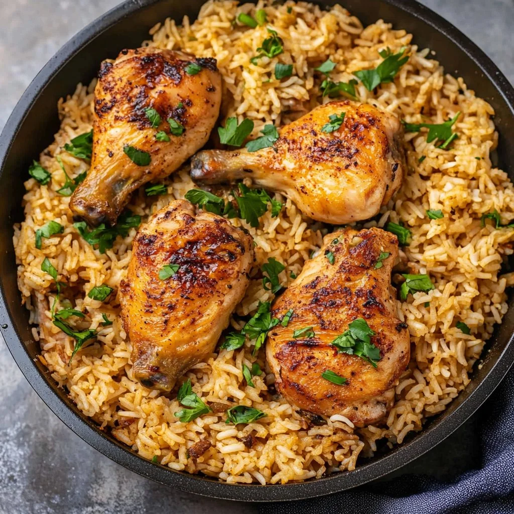 One Pot Chicken and Rice meal served in a bowl, garnished with herbs.