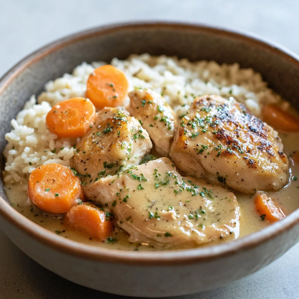 One-pot chicken and rice dish served in a skillet