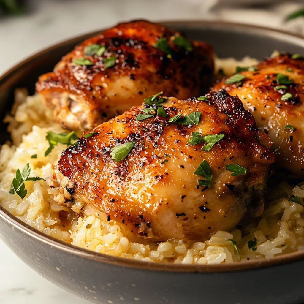 Delicious oven baked chicken served with rice on a plate