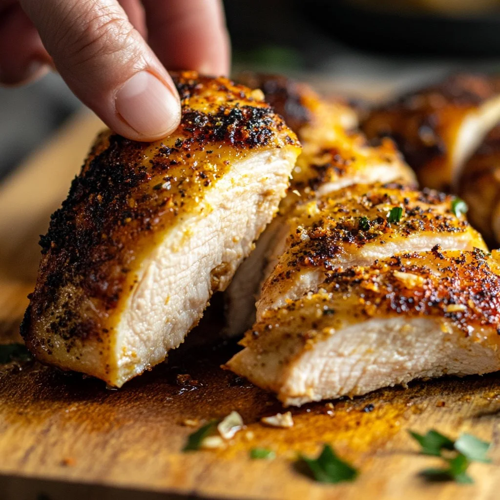 Oven baked chicken breast served with herbs and spices for a healthy meal
