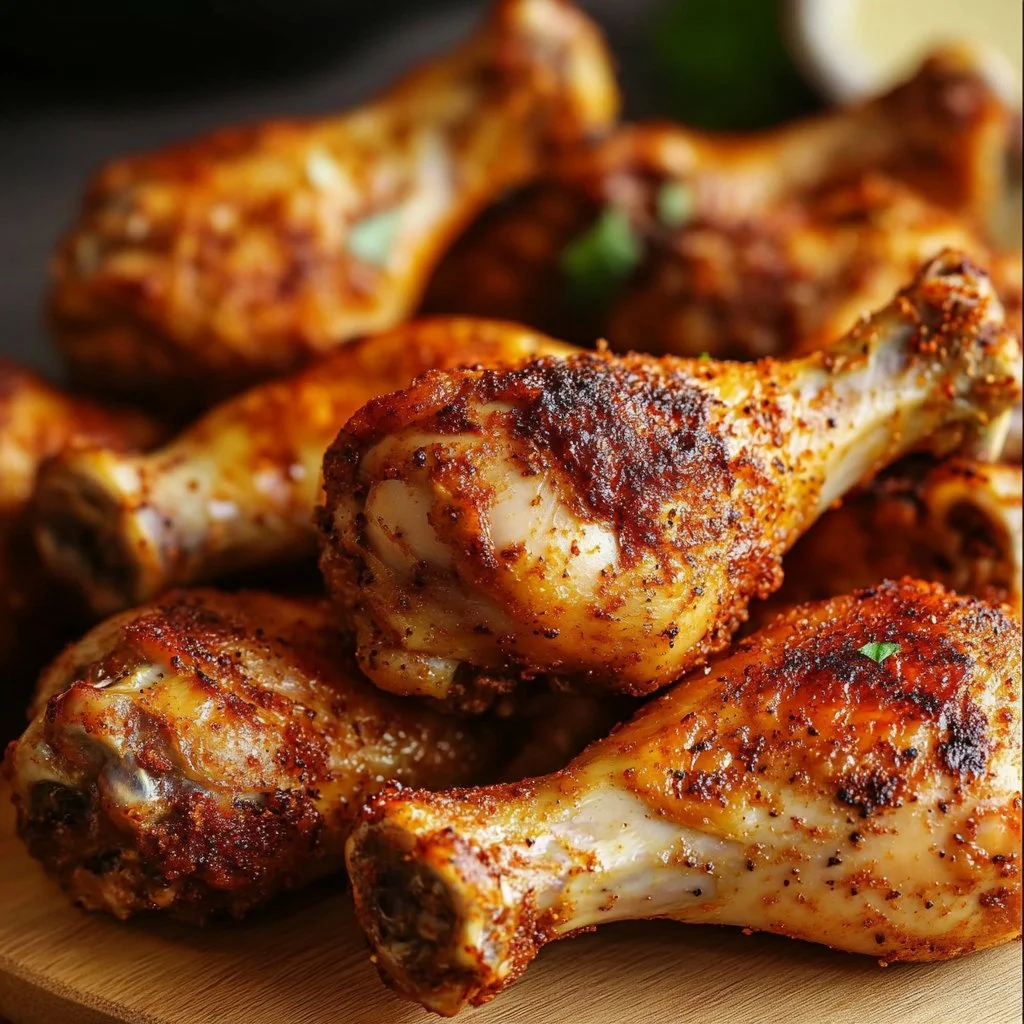 Oven baked chicken drumsticks served with herbs and spices on a plate