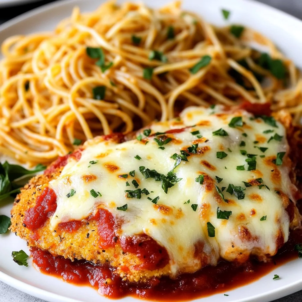 Delicious oven baked chicken parmesan served with marinara sauce and cheese