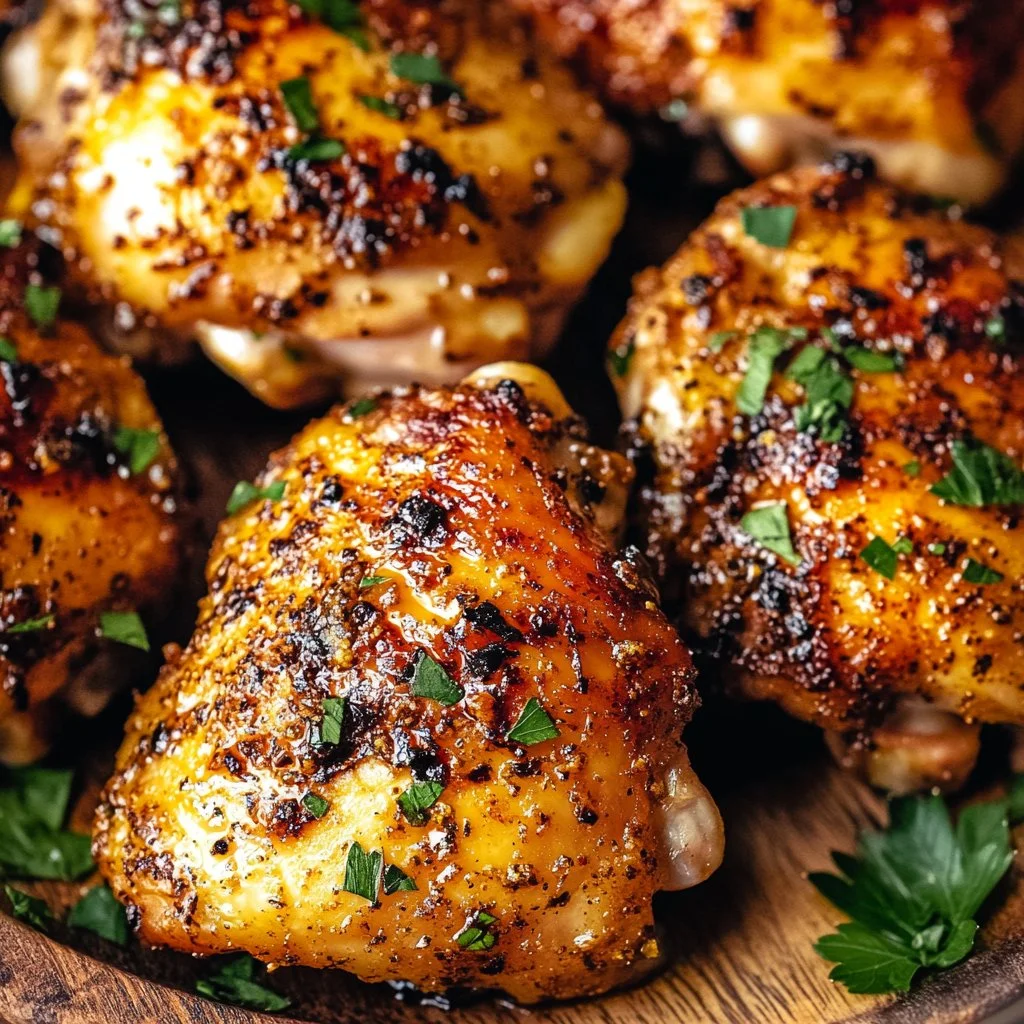 Oven baked chicken thighs seasoned and presented on a plate