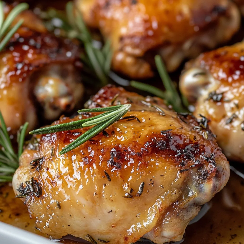 Oven baked rosemary chicken thighs served with herbs and spices.