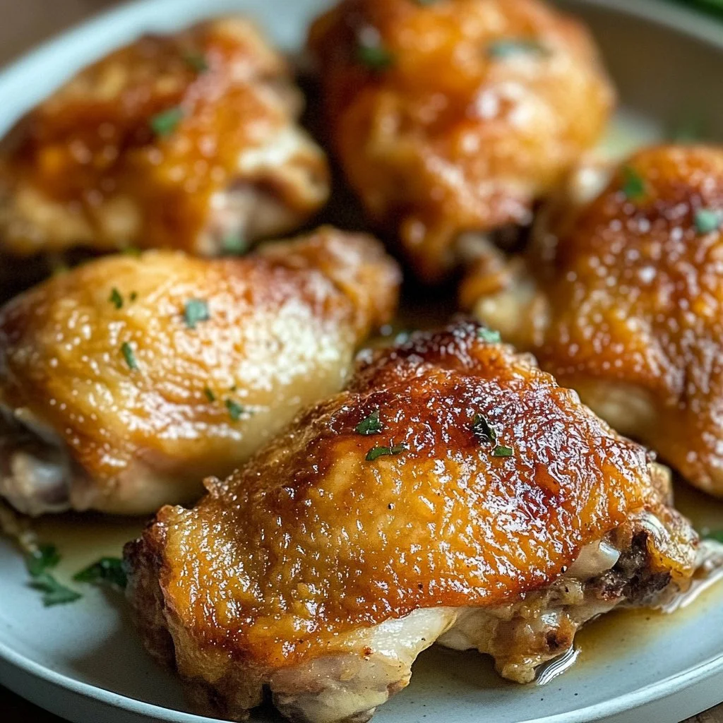 Crispy and juicy oven-fried chicken thighs served on a plate.