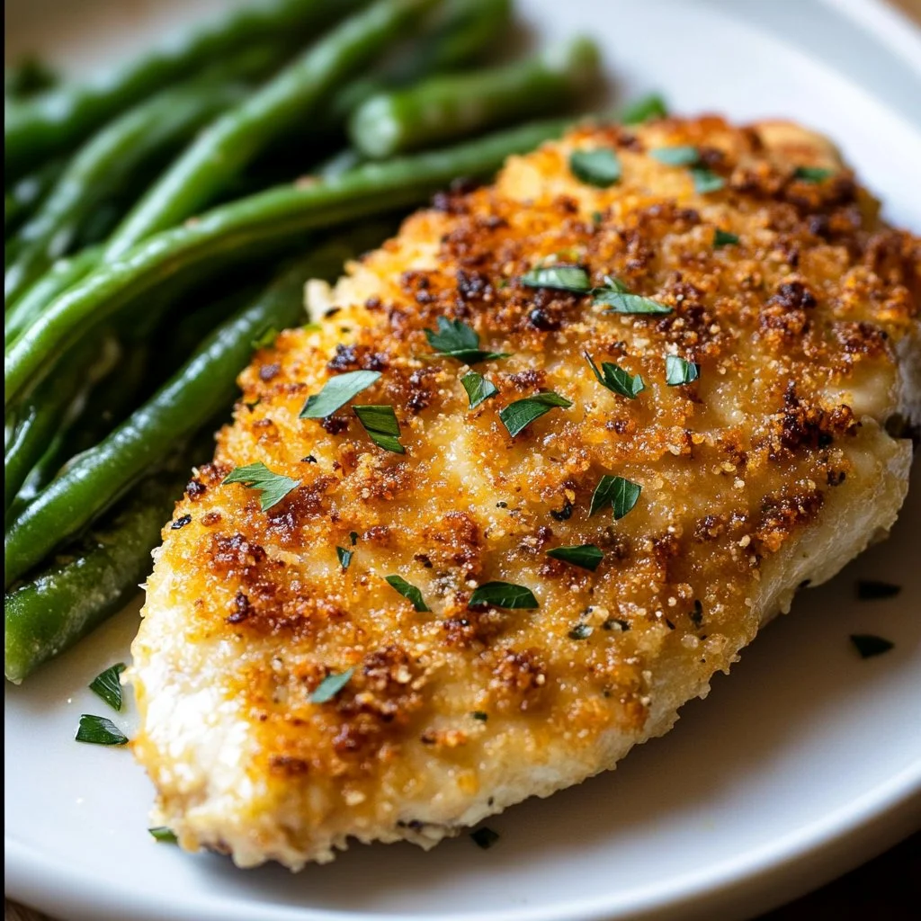 Parmesan Crusted Chicken served with herbs and a side of vegetables