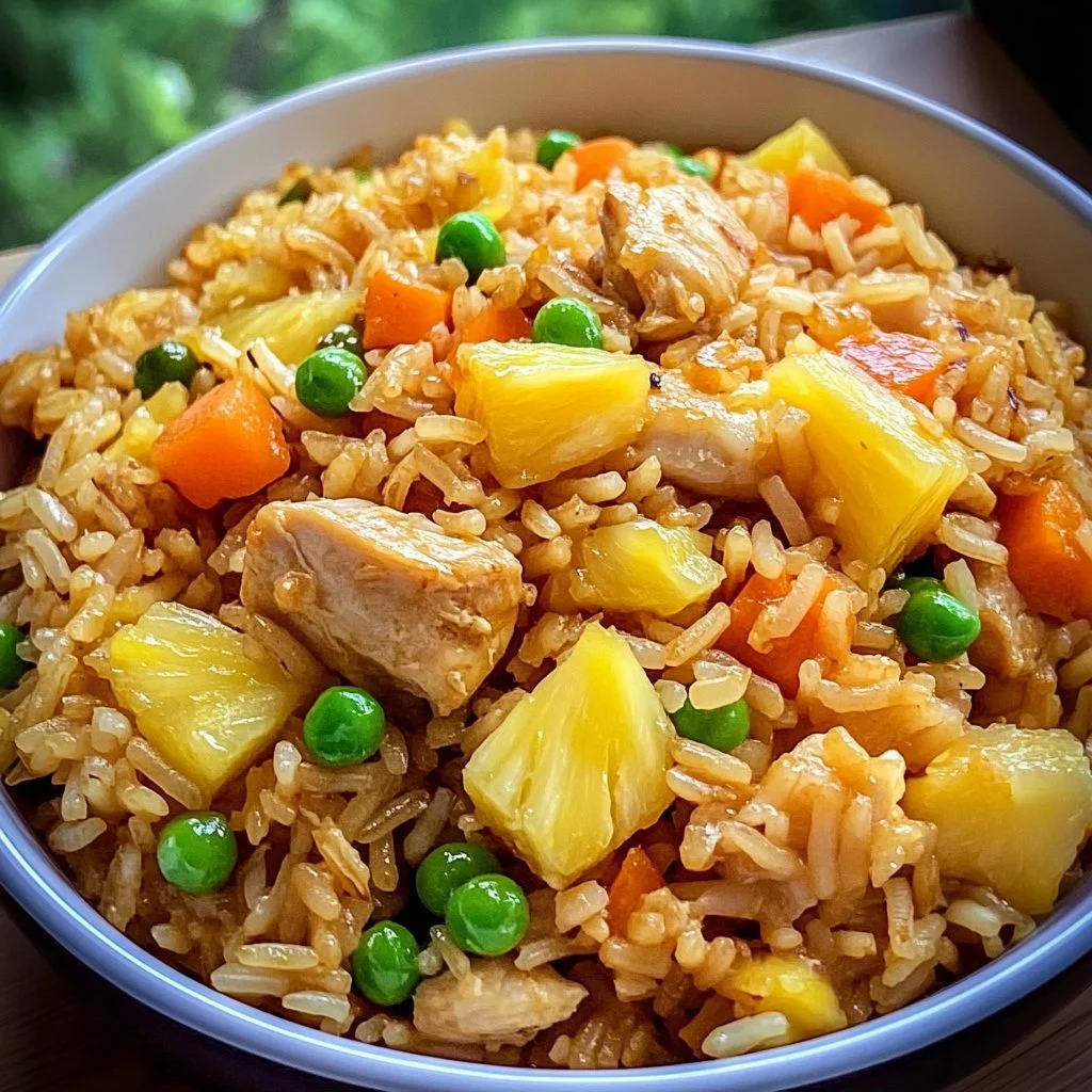 Plate of Pineapple Chicken Fried Rice with colorful vegetables and chicken