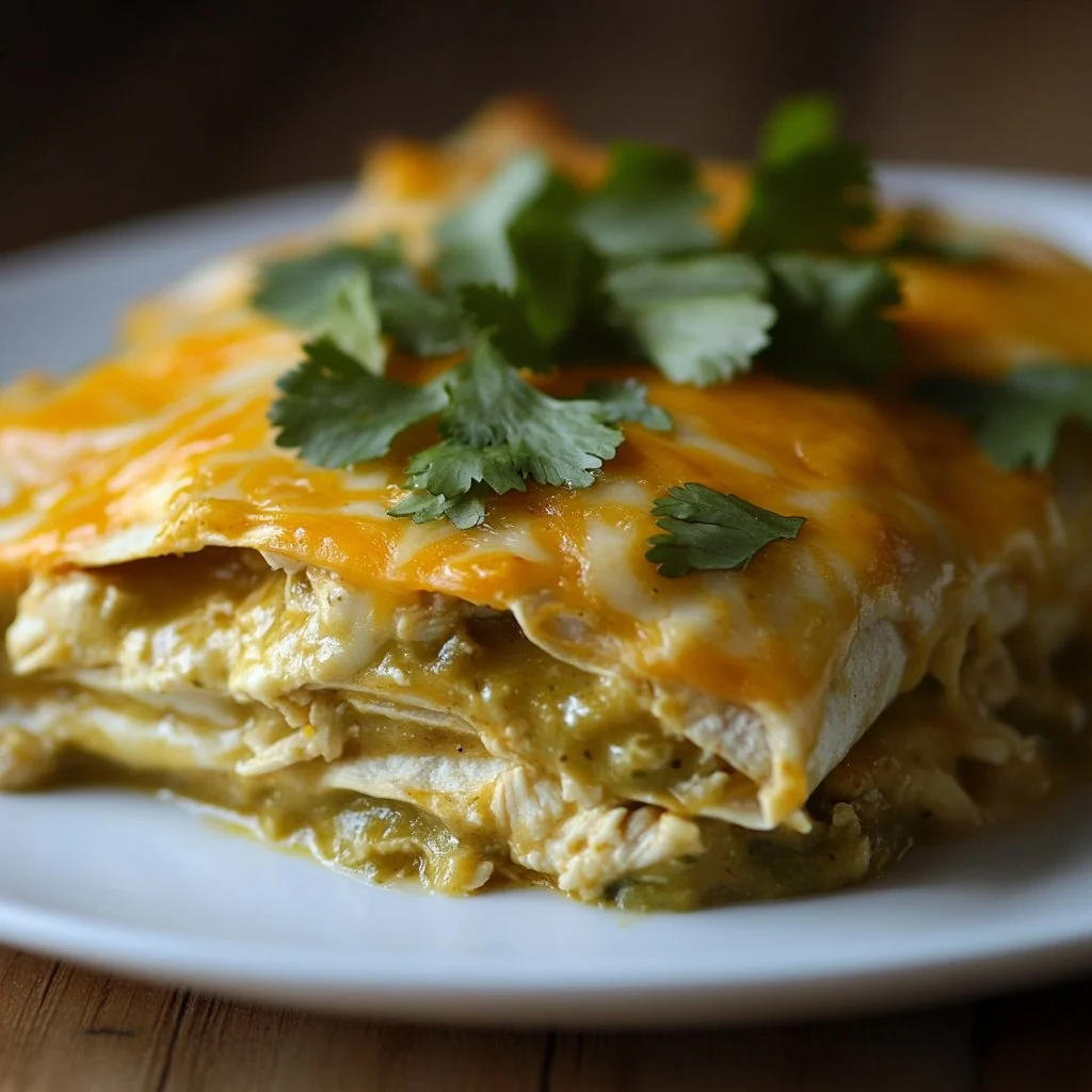 Delicious green chile chicken enchilada casserole topped with cheese