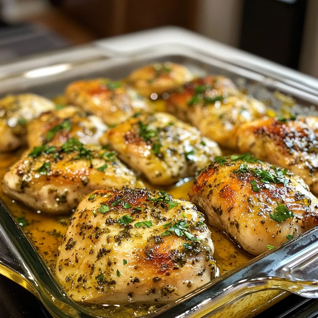Baked Italian dressing chicken served on a plate with herbs and vegetables.