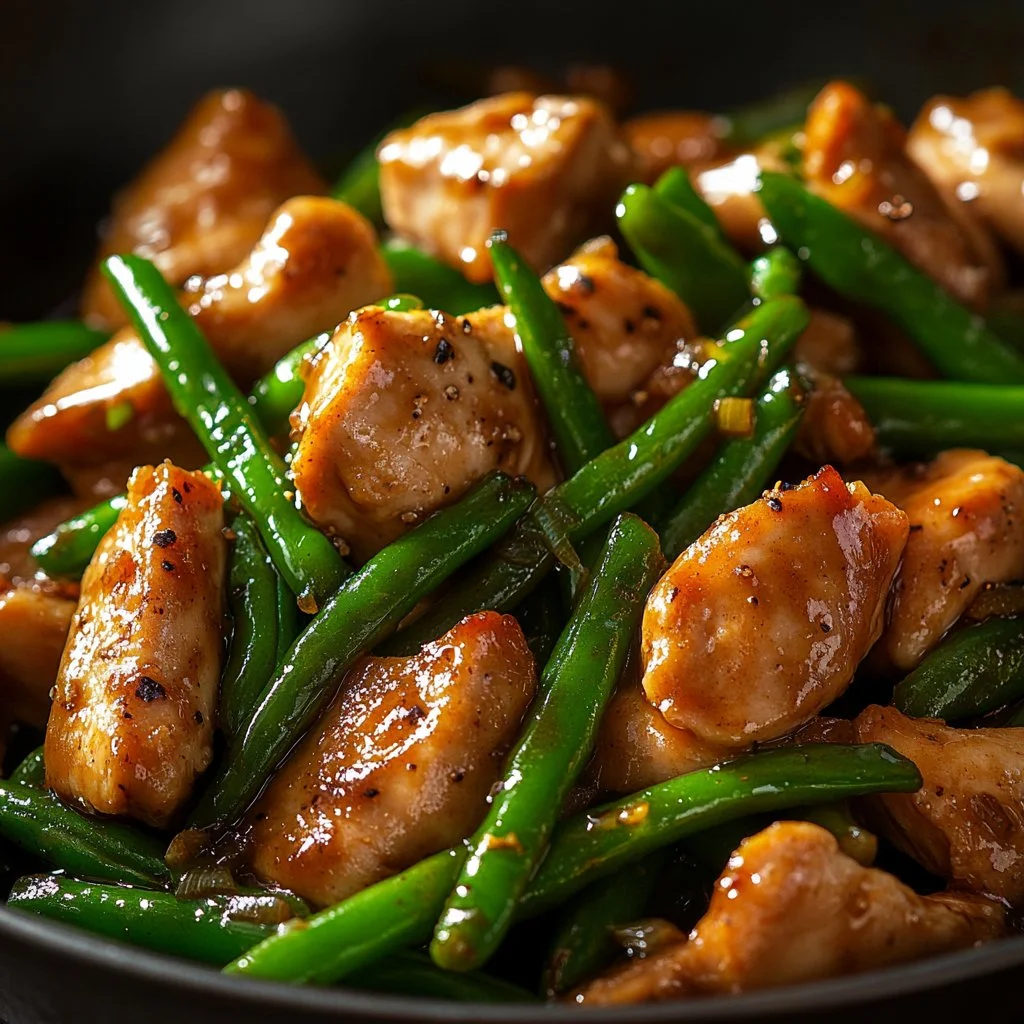 Quick chicken breast with green beans on a plate, ready to serve.
