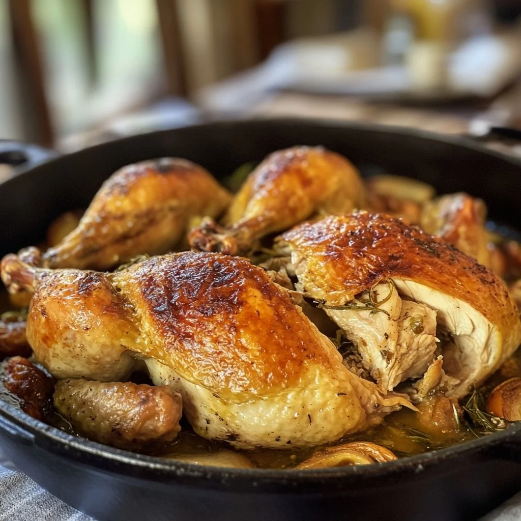 Succulent roast chicken cooked in a Dutch oven, garnished with herbs.