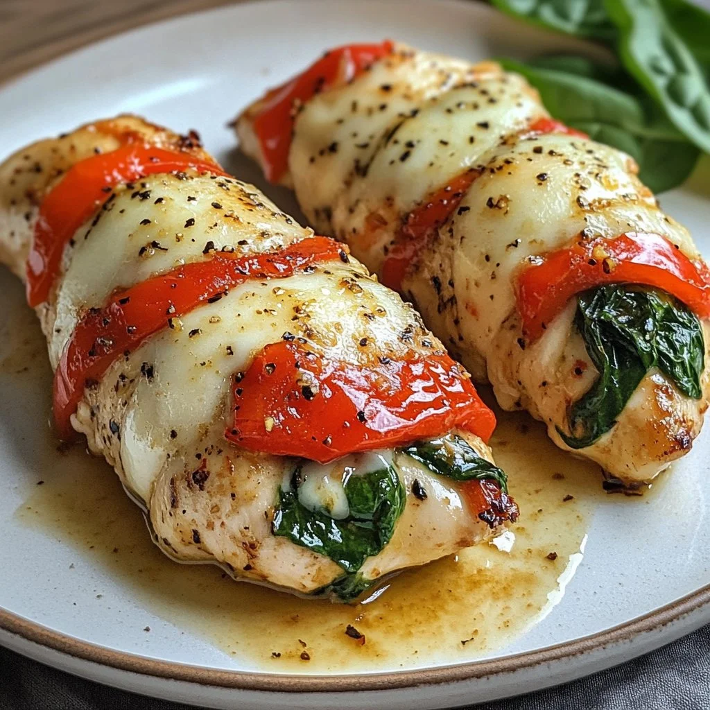 Roasted red pepper, spinach, and mozzarella stuffed chicken breast on a plate