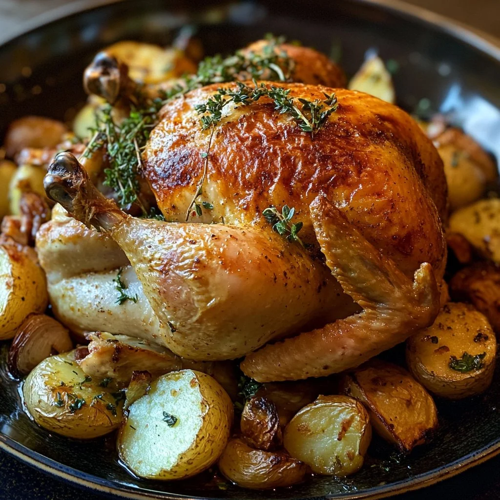 Deliciously roasted whole chicken served with herbs and vegetables.